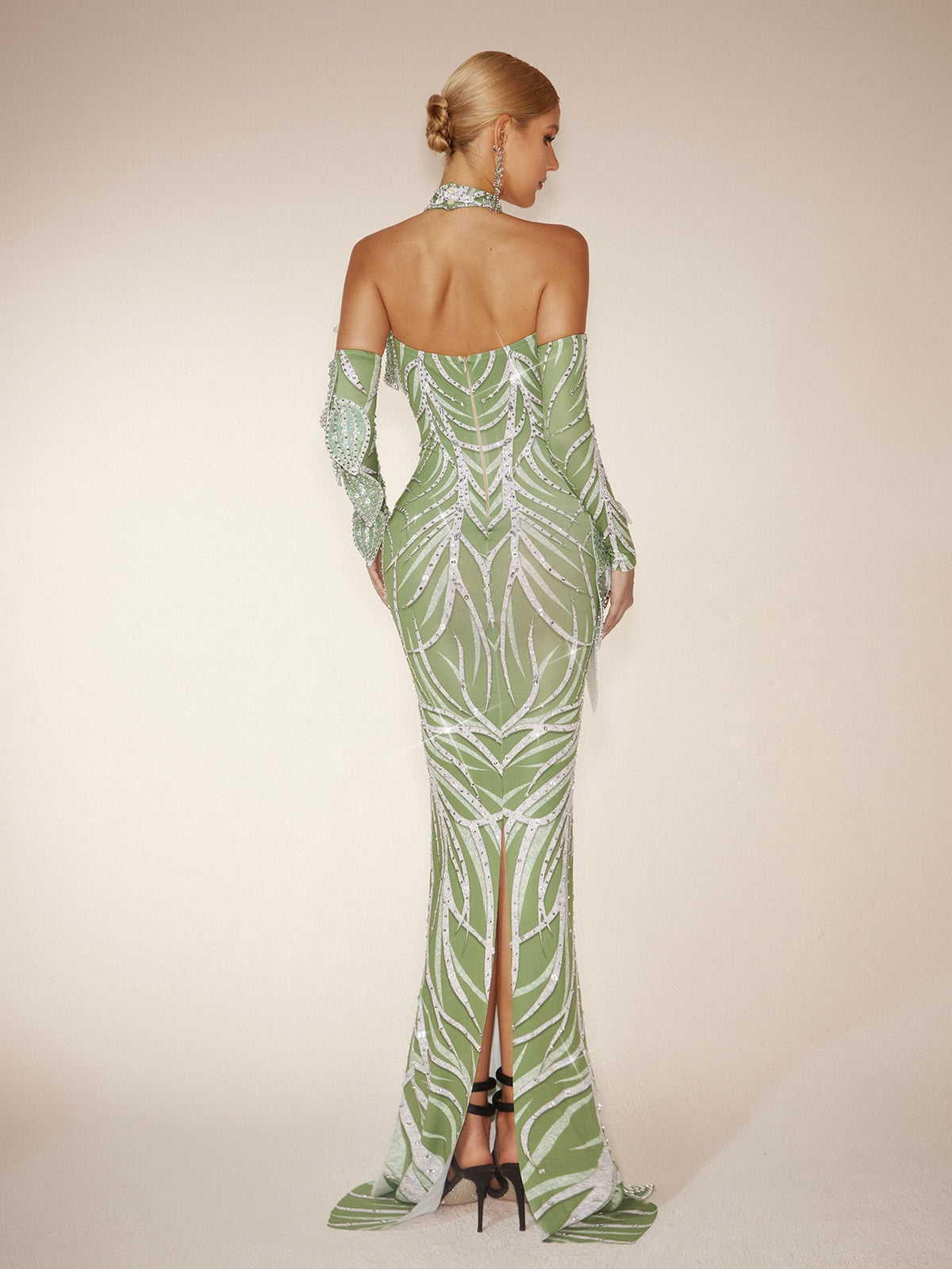 Halter Choker Keyhole Leaf Applique Sequin Mermaid Gown with Gauntlet Sleeves