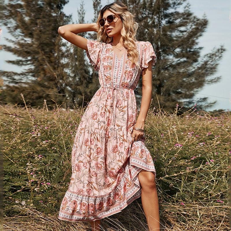 Deep V Button Front Tiered Border Print Midi Dress