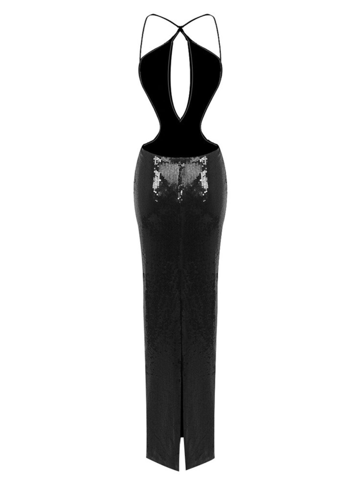 Halter Neck Keyhole Cutout Side Waist Sequin Maxi Dress