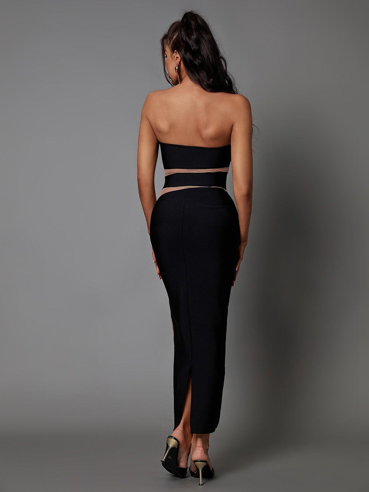 Strapless Bandage Mesh Waist Cutout Illusion Midi Dress