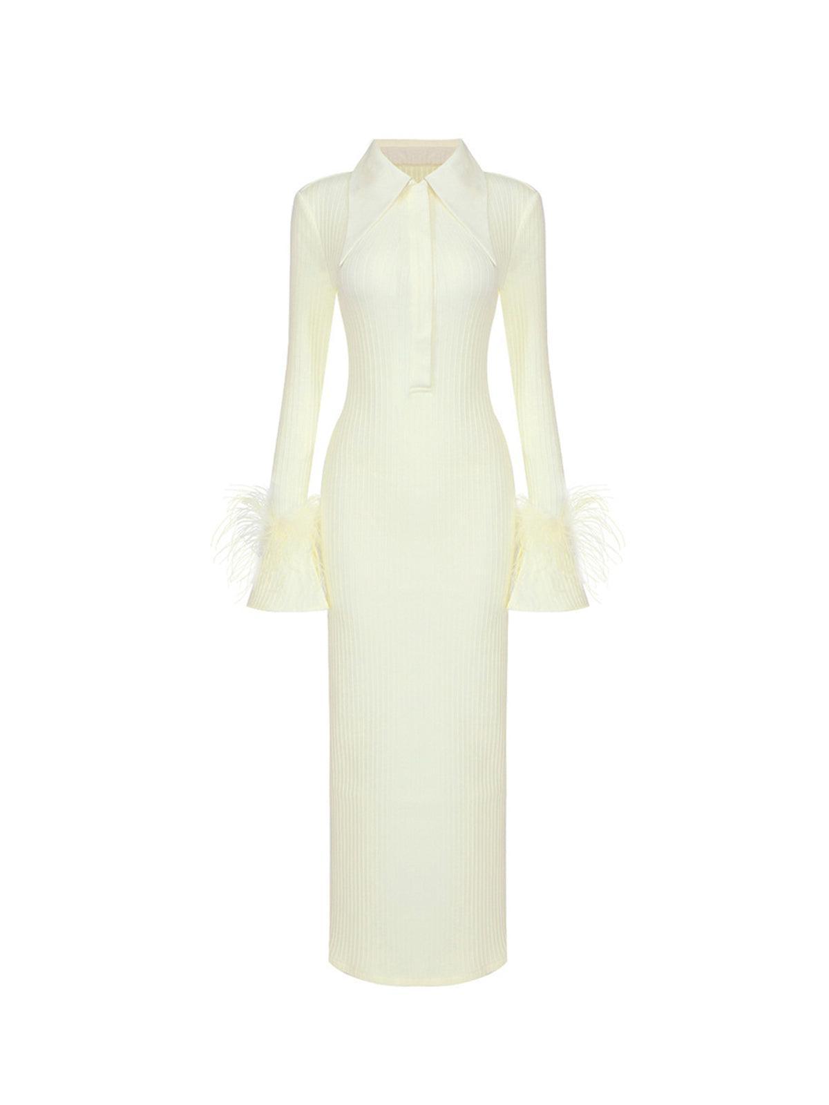 Polo Collar Rib Knit Long Sleeve Feather Bell Cuff Maxi Dress
