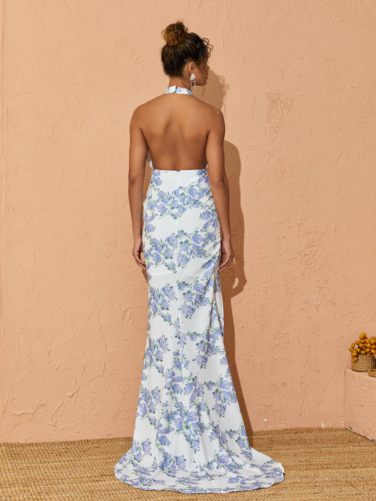 Halter Cowl Neck Backless Floral Print Side Slit Maxi Gown