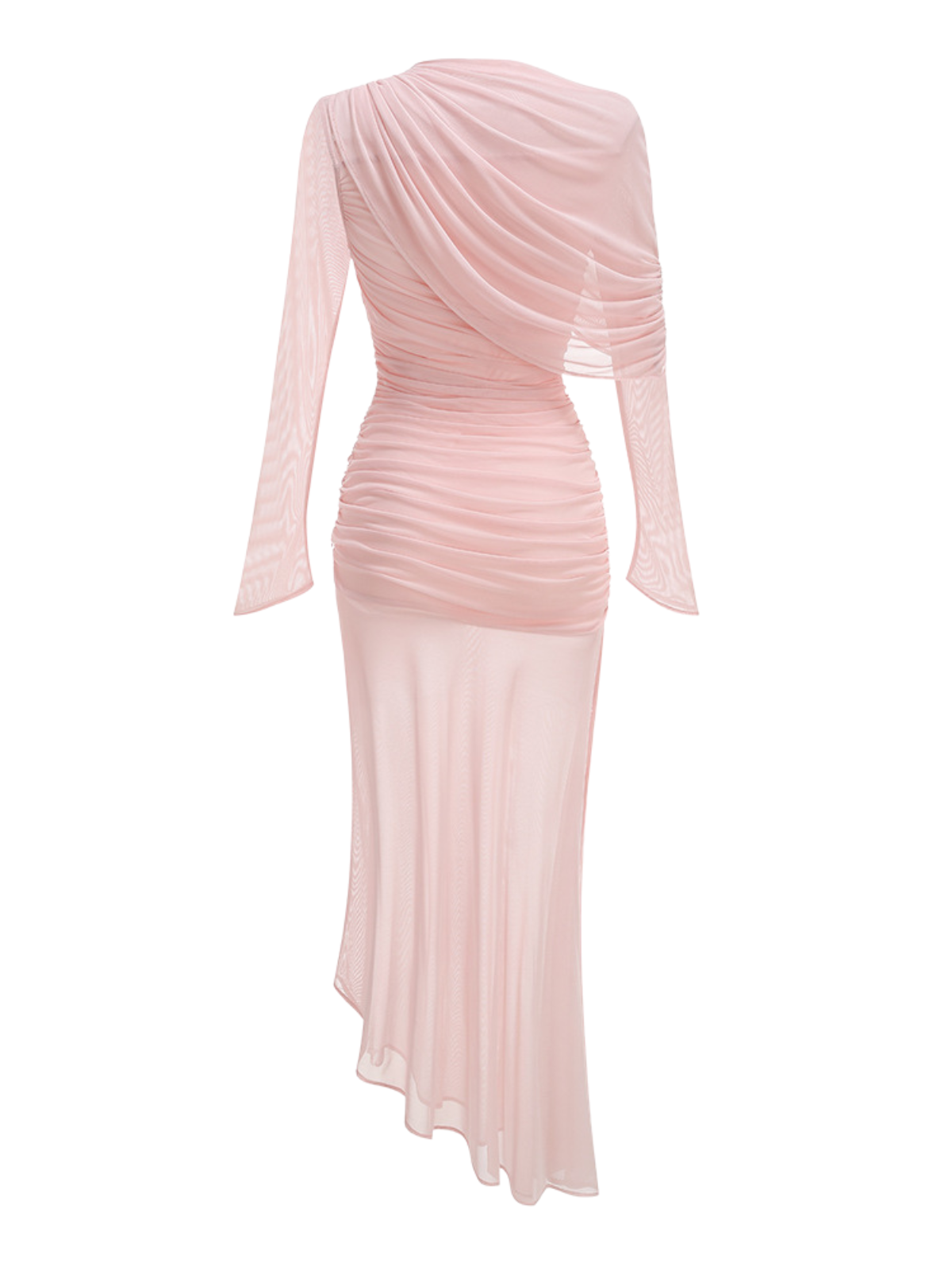 Asymmetric Draped Neck Ruched Mesh Bell Sleeve Sheer Maxi Dress
