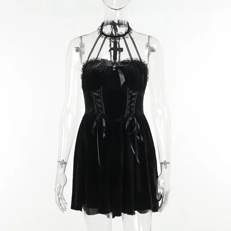 Gothic Velvet Criss-Cross Halter Dress Vintage Draped Lace Sleeveless Bodycon Backless A-Line Cocktail Party Dress