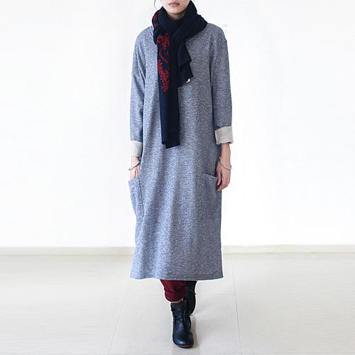 Patch Pocket Rolled Cuff Oversized Knit Tunic Midi Dress