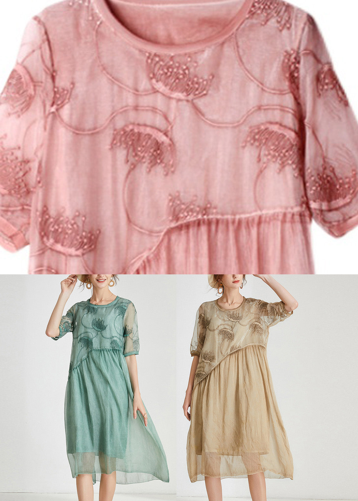 Crew Neck Embroidered Sheer Panel Asymmetric Waist Midi Dress