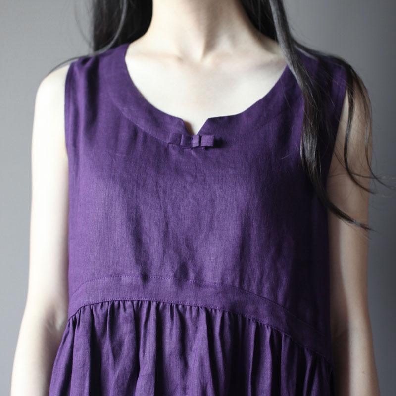 V Neck Frog Closure Sleeveless Gathered Empire Waist Linen Midi Dress