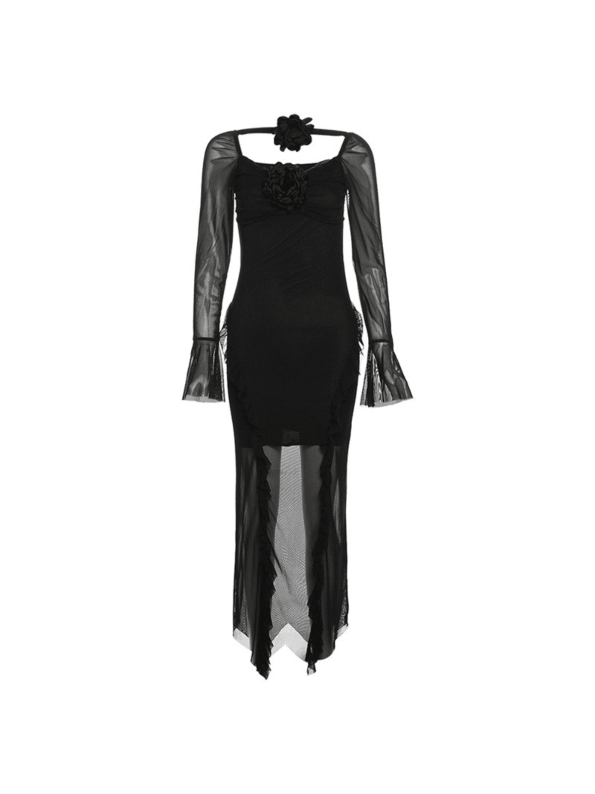 3D Floral Rosette Sheer Mesh Cold Shoulder Ruffle Trim Midi Dress