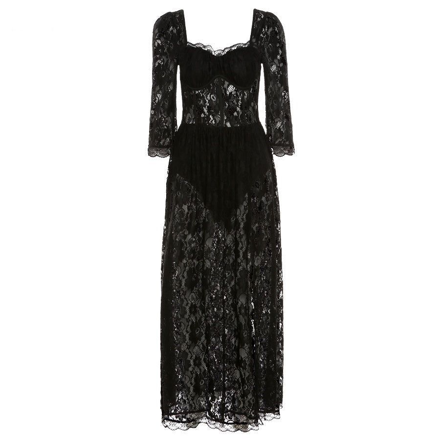 Square Neck Lace Up Corset Puff Sleeve High Slit Maxi Dress
