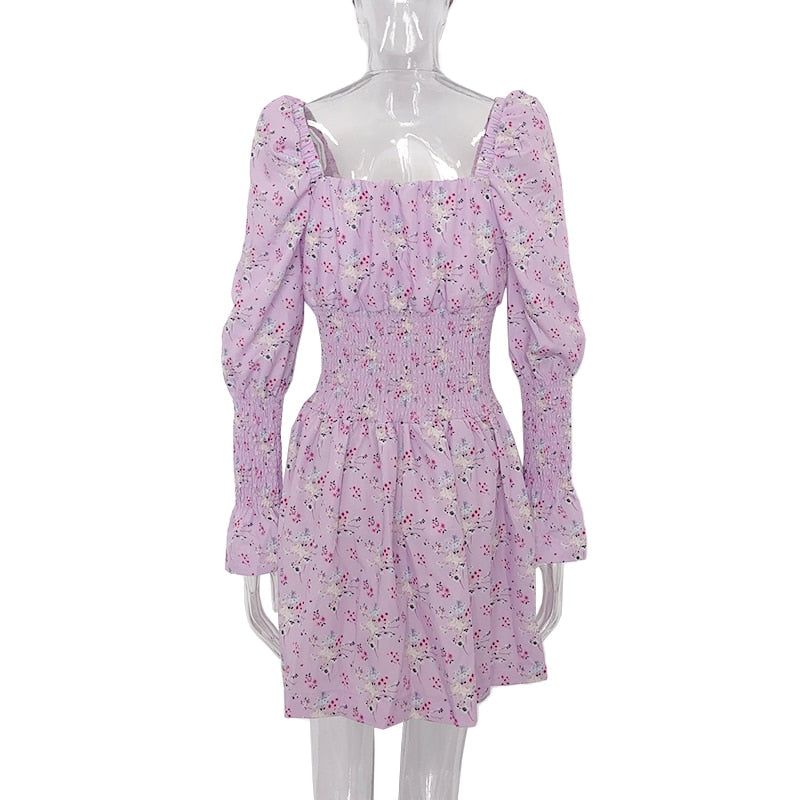 Square Neck Puff Sleeve Smocked Waist Floral Print A-Line Mini Dress