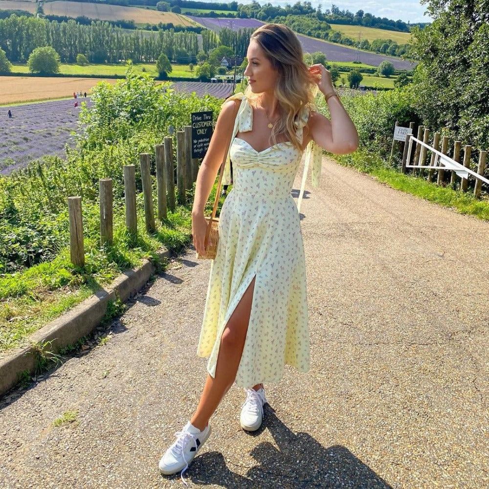 Sweetheart Tie Shoulder Ditsy Floral High Slit Maxi Dress