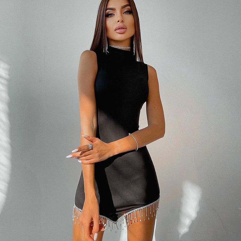 Mock Neck Sleeveless Rhinestone Fringe Hem Bodycon Mini Dress