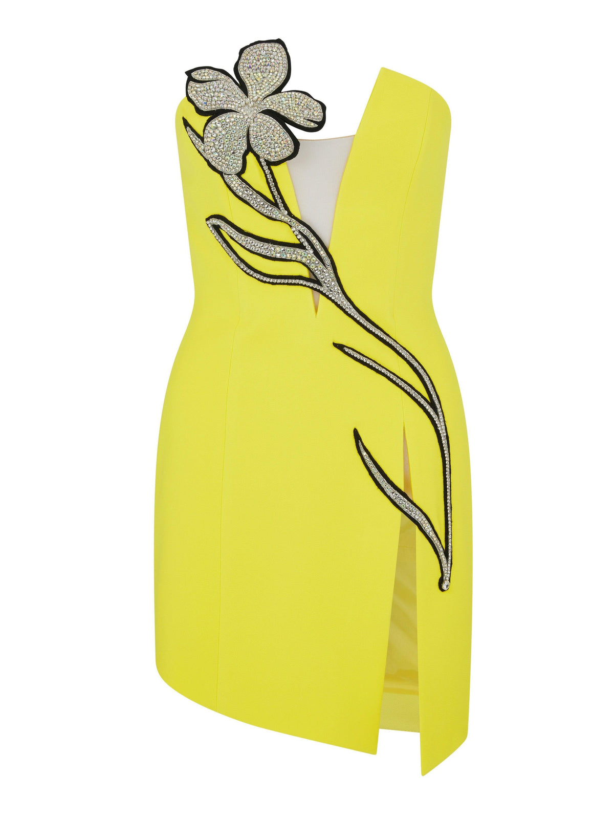 Strapless Floral Vine Applique Bandage Thigh Slit Midi Dress