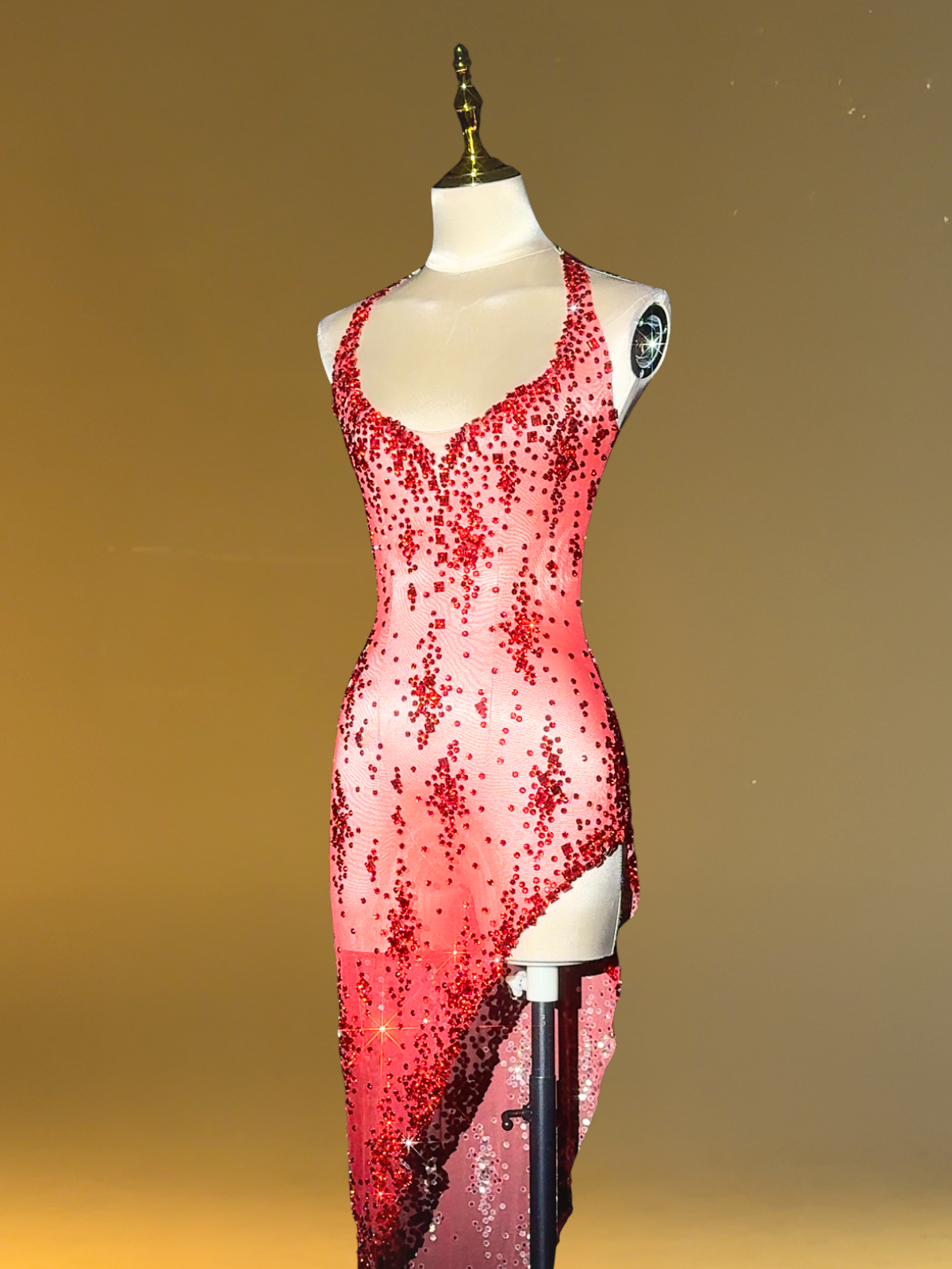 Halter Sequin Beaded Asymmetric High Slit Midi Dress