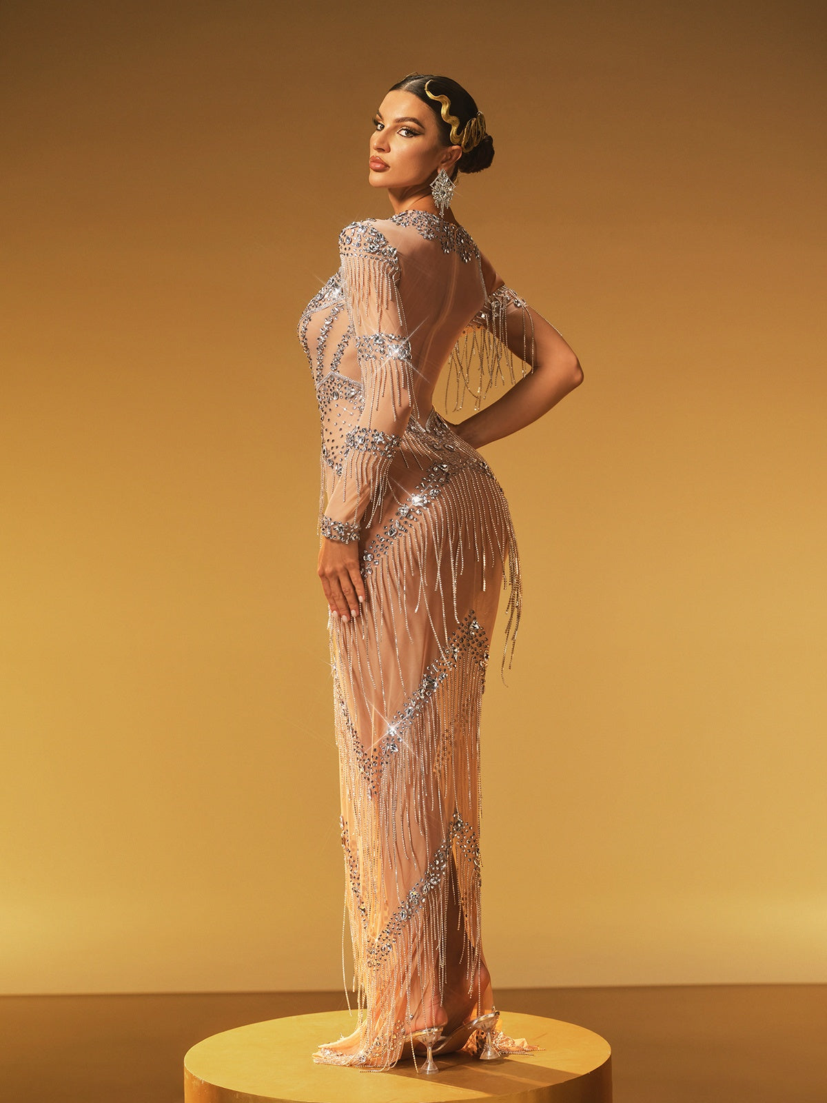 Round Neck Cold Shoulder Beaded Fringe Crystal Mesh Column Gown
