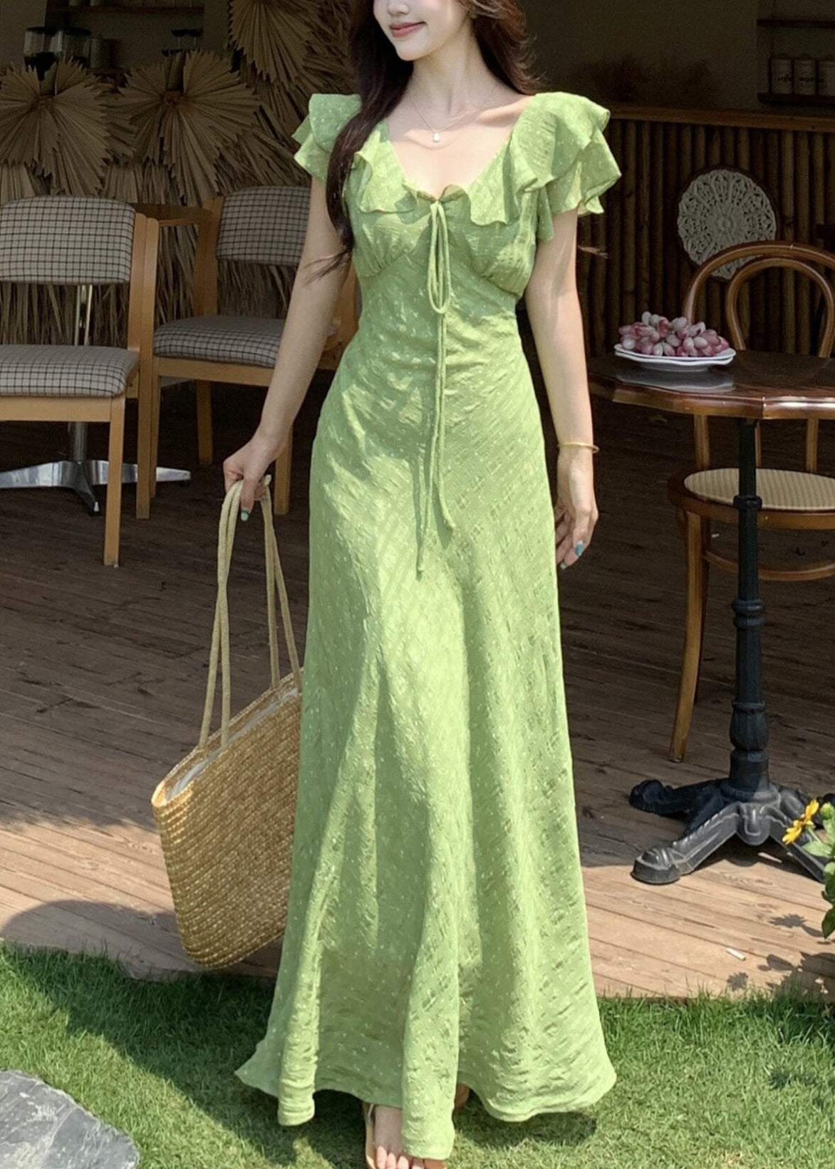 Deep V Neck Ruffle Collar Tie Front Floral Texture A Line Maxi Dress