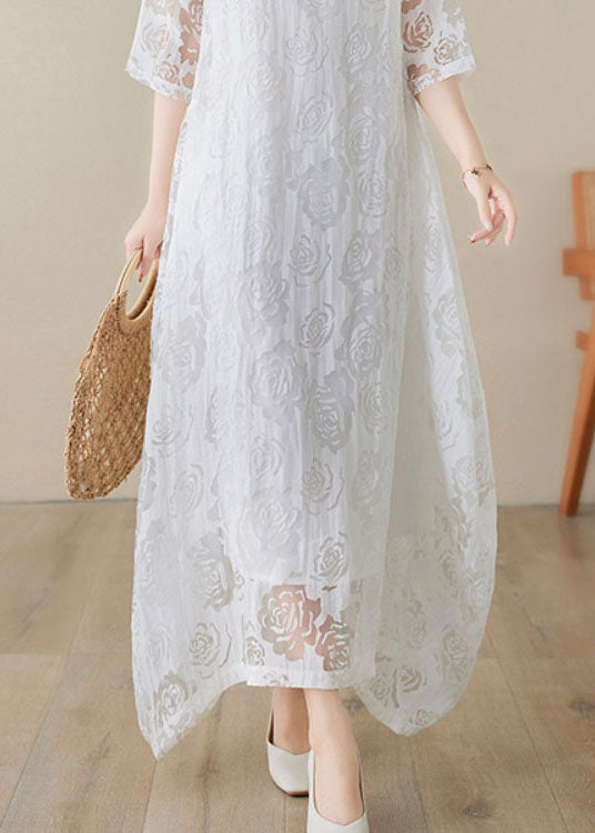 Scoop Neck Elbow Sleeve Double Layer Floral Lace Asymmetrical Hem Maxi Dress