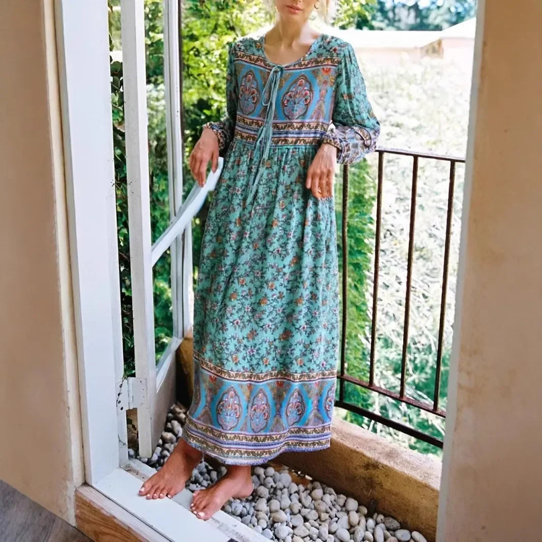 Long Sleeve Tie Neck Green Floral Maxi Rayon Boho Dress