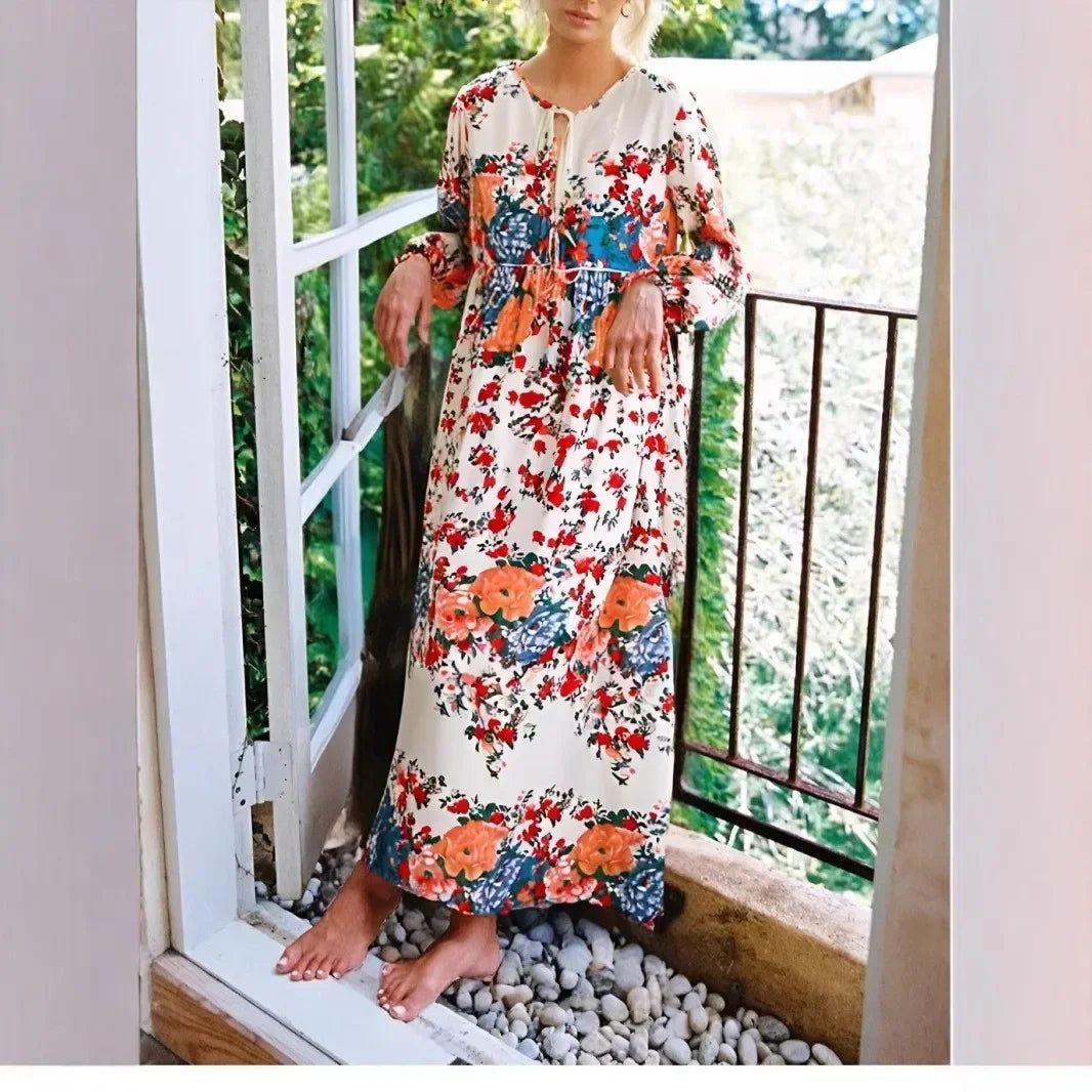 Purple Floral Lace-up V-neck Rayon Maxi Boho Dress