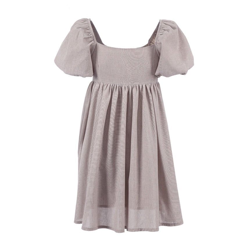Square Neck Puff Cap Sleeve Empire Waist Linen Babydoll Mini Dress