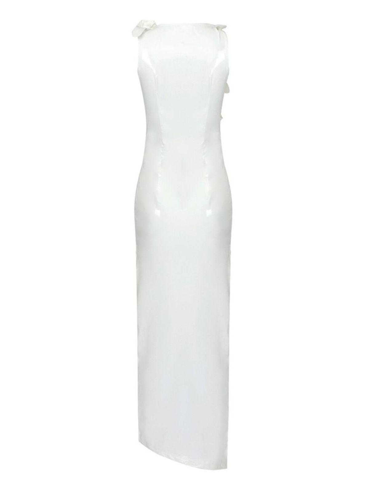 Mock Neck Long Sleeve Waist Cutout High Slit Fitted Maxi Dress