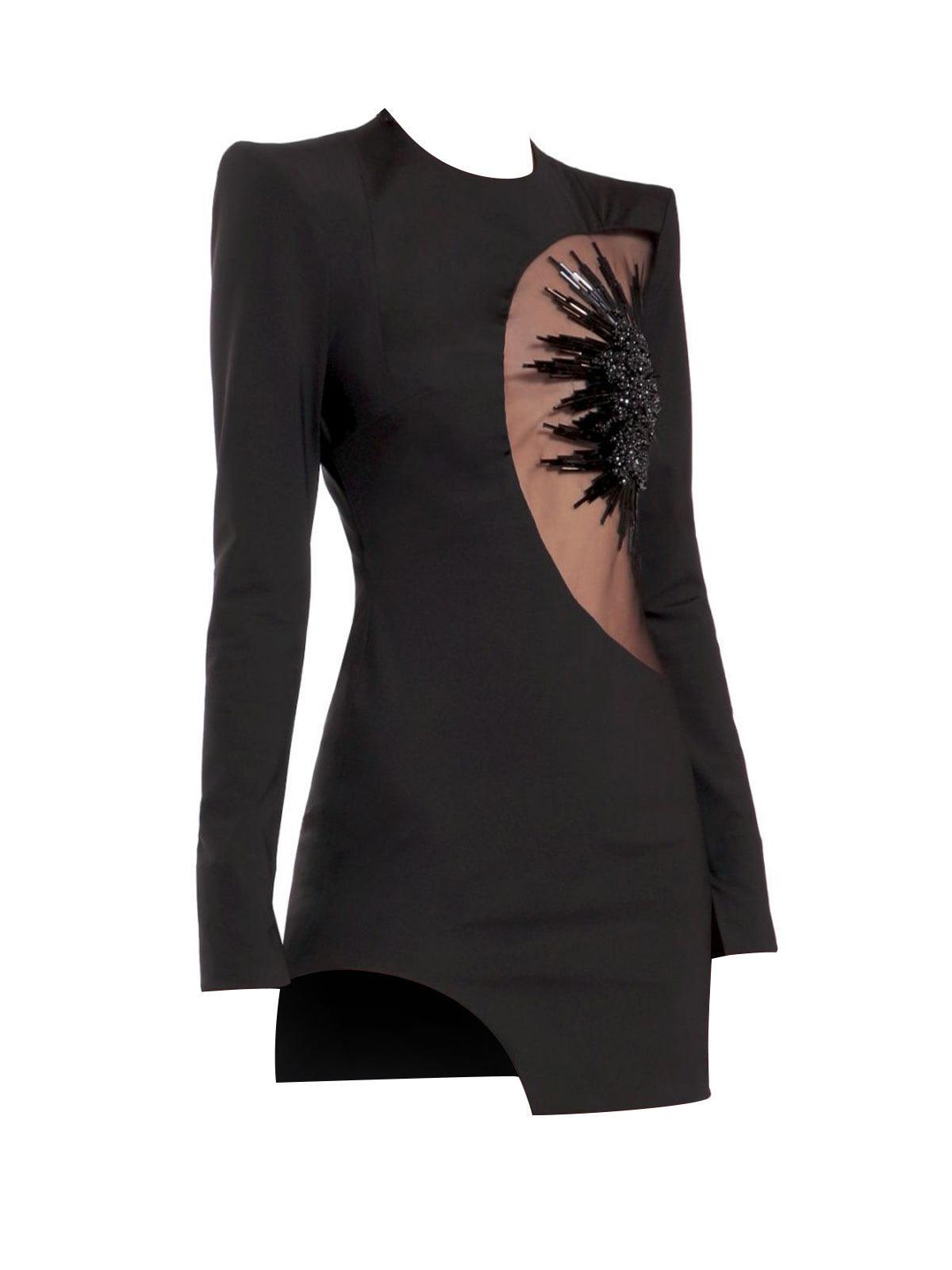 Long Sleeve Crew Neck Asymmetric Cutout Sequin Sunburst Mini Dress