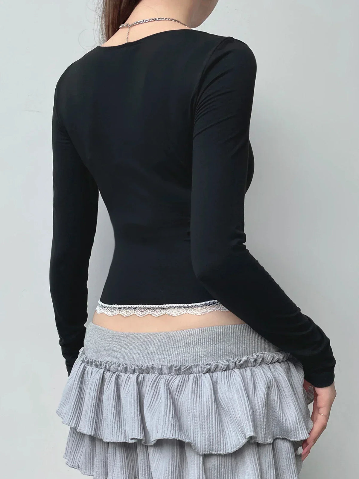Sweet Lace Trim Cropped Square Collar Long Sleeve Knit Top