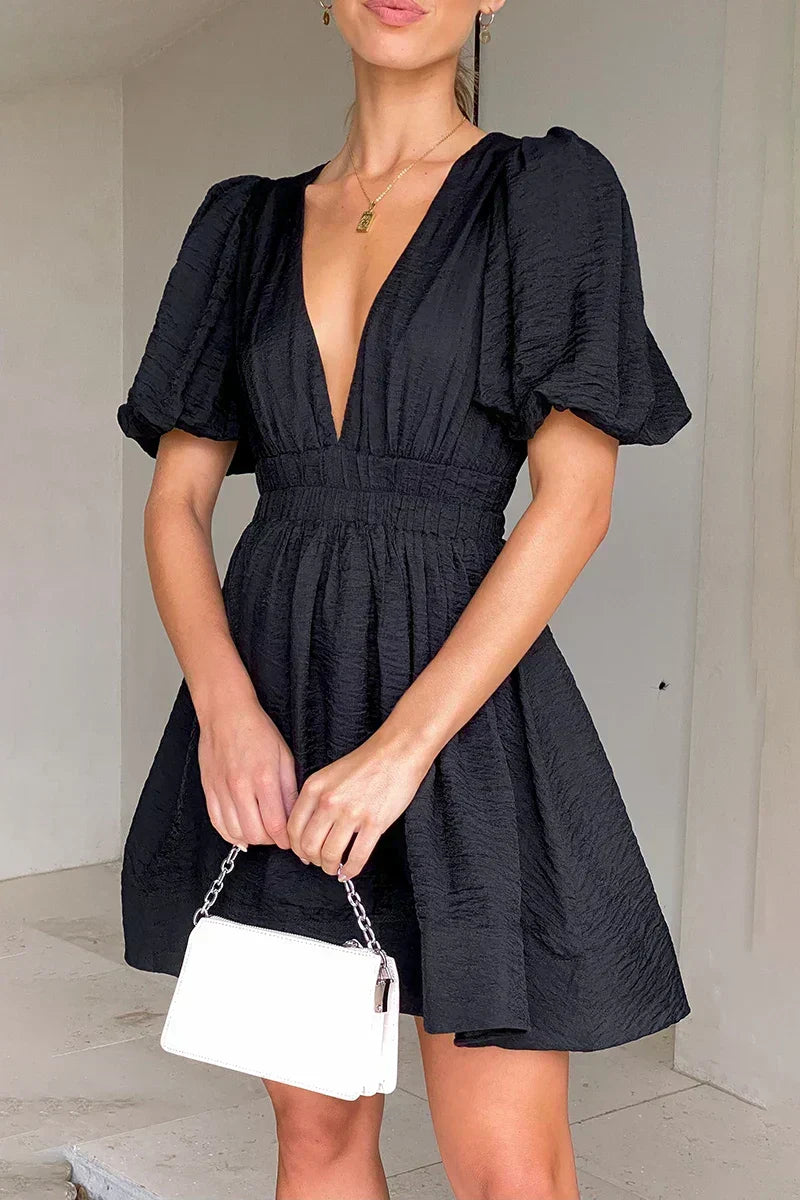 Deep V-Neck Puff Sleeve Smocked Waist Textured Fit and Flare Mini Dress