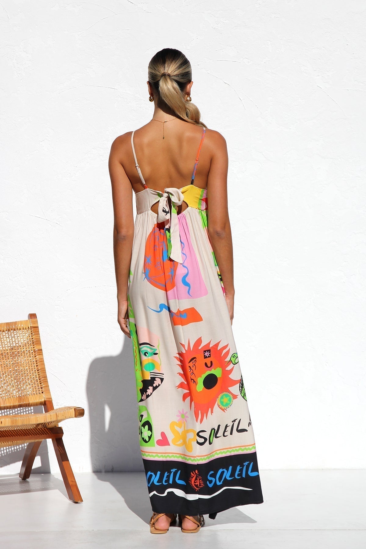 Square Neck Spaghetti Strap Graffiti Print Empire Waist Maxi Dress