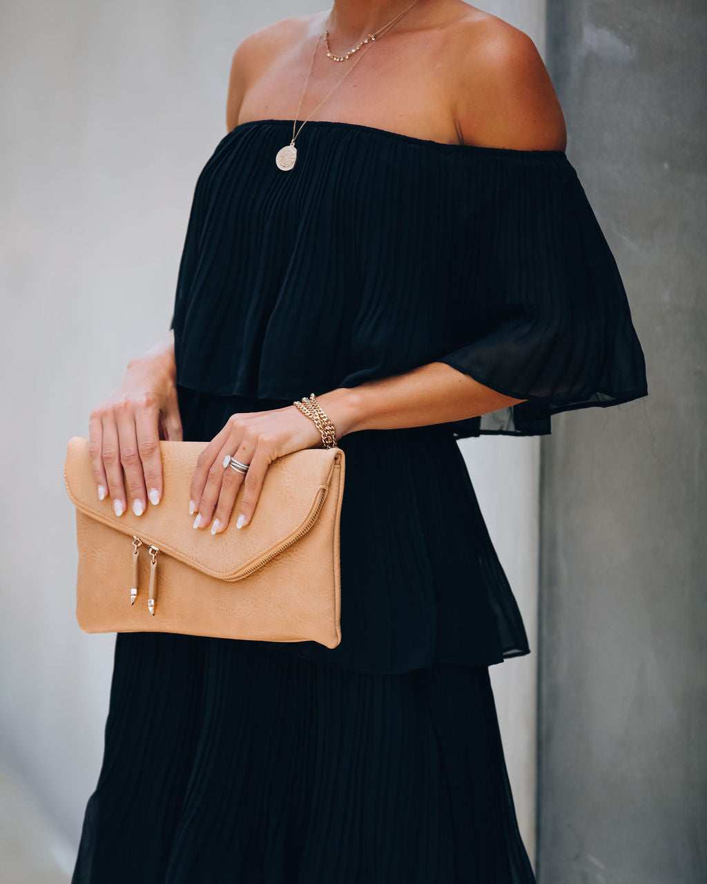 Off Shoulder Ruffled Edge Accordion Pleated Tiered Midi Dress
