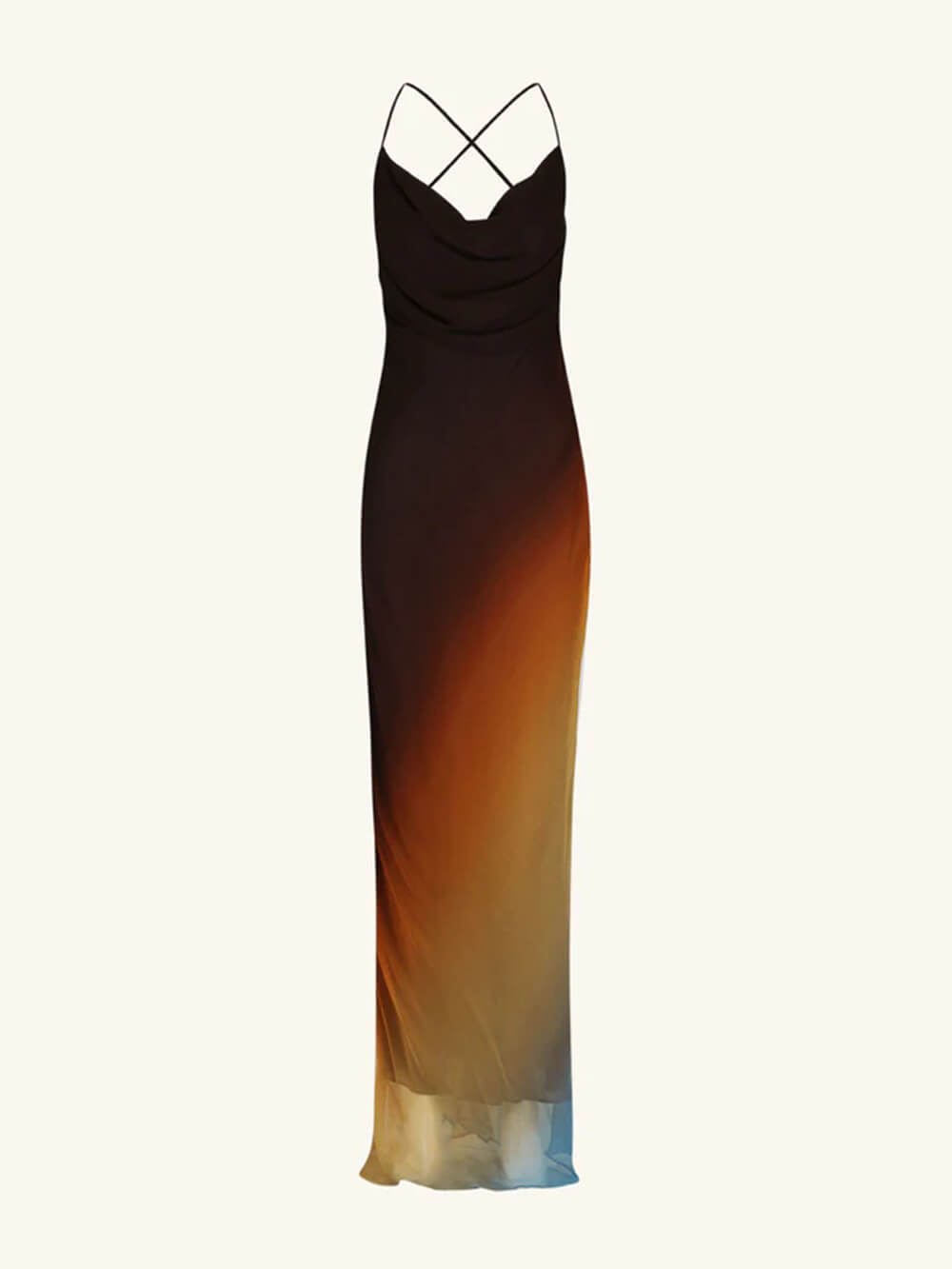 Satin Cowl Neck Spaghetti Strap Ombre Column Maxi Dress