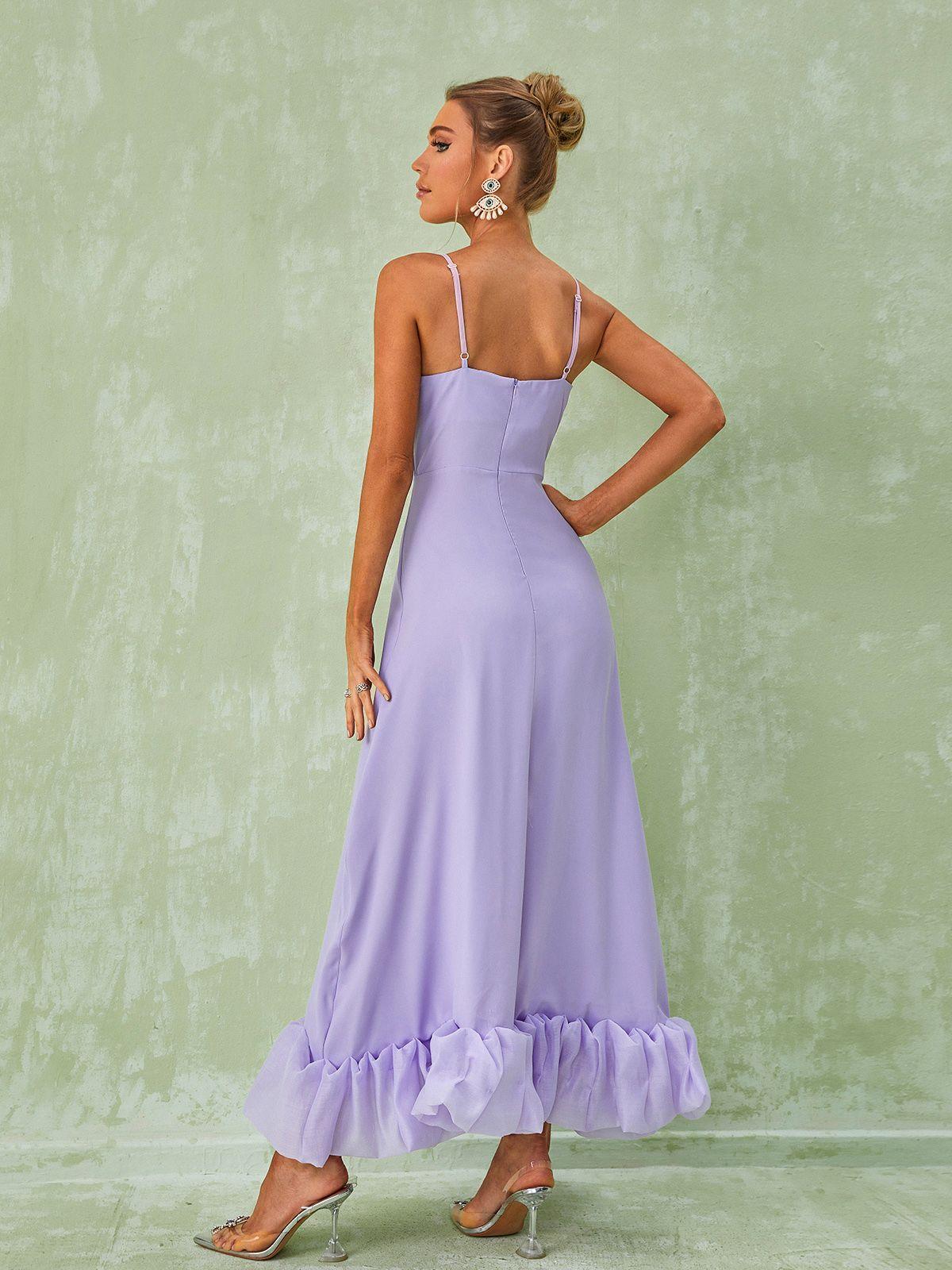 Square Neck Pleated Chiffon Ruffle Hem Maxi Dress
