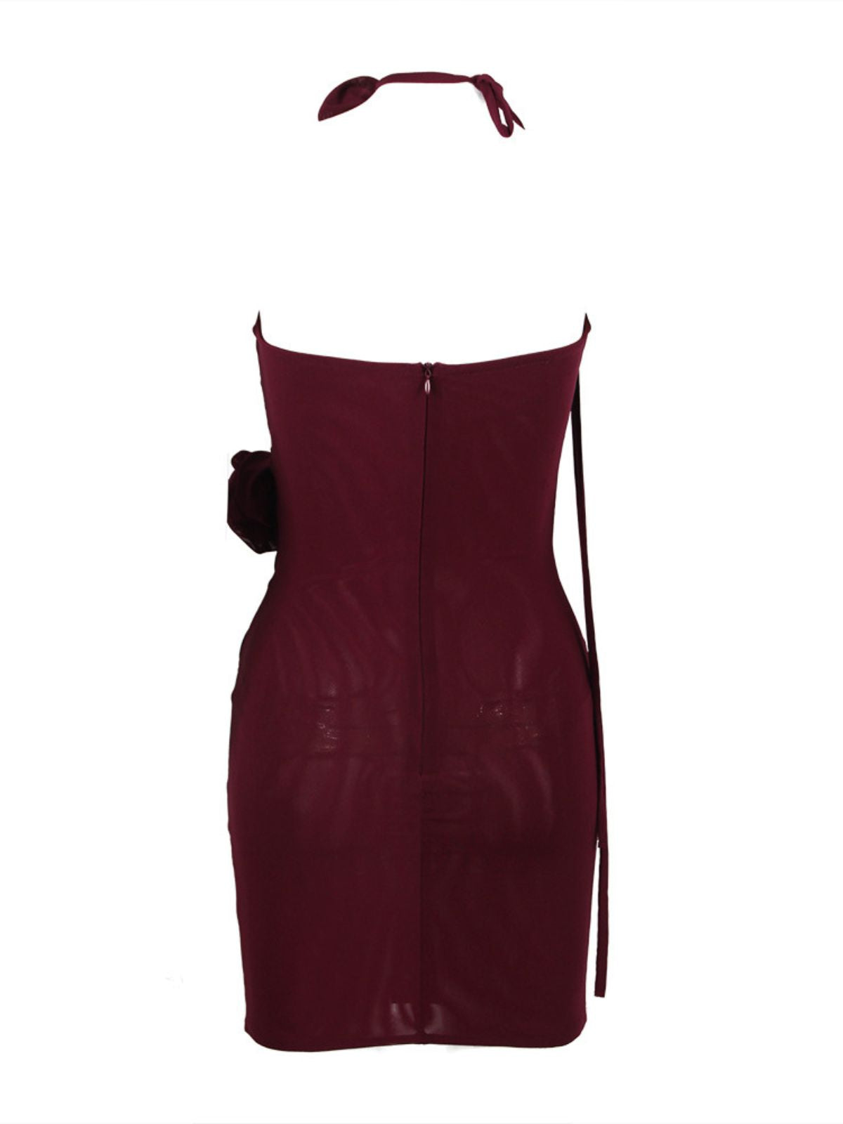 Strapless Ruched Midriff Cutout 3D Rosette Choker Neck Mini Dress
