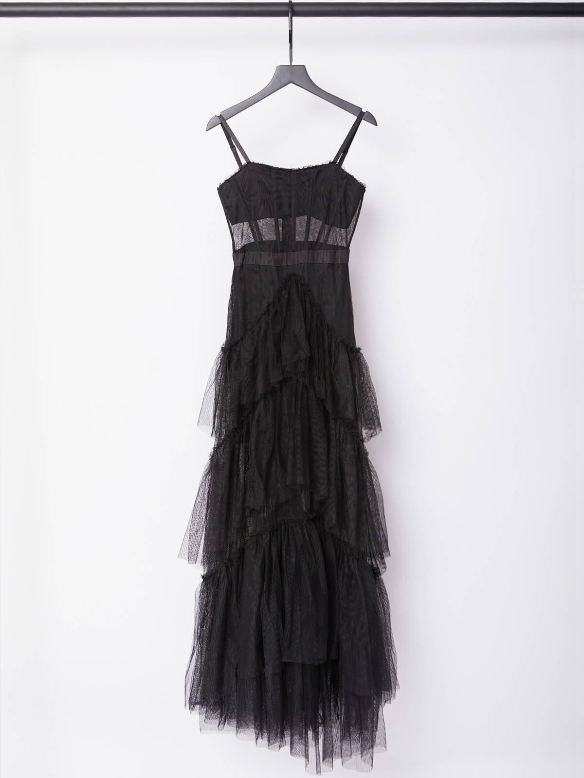 Spaghetti Strap Corset Bodice Sheer Mesh Midriff Tiered Tulle Ruffle Mesh Maxi Dress