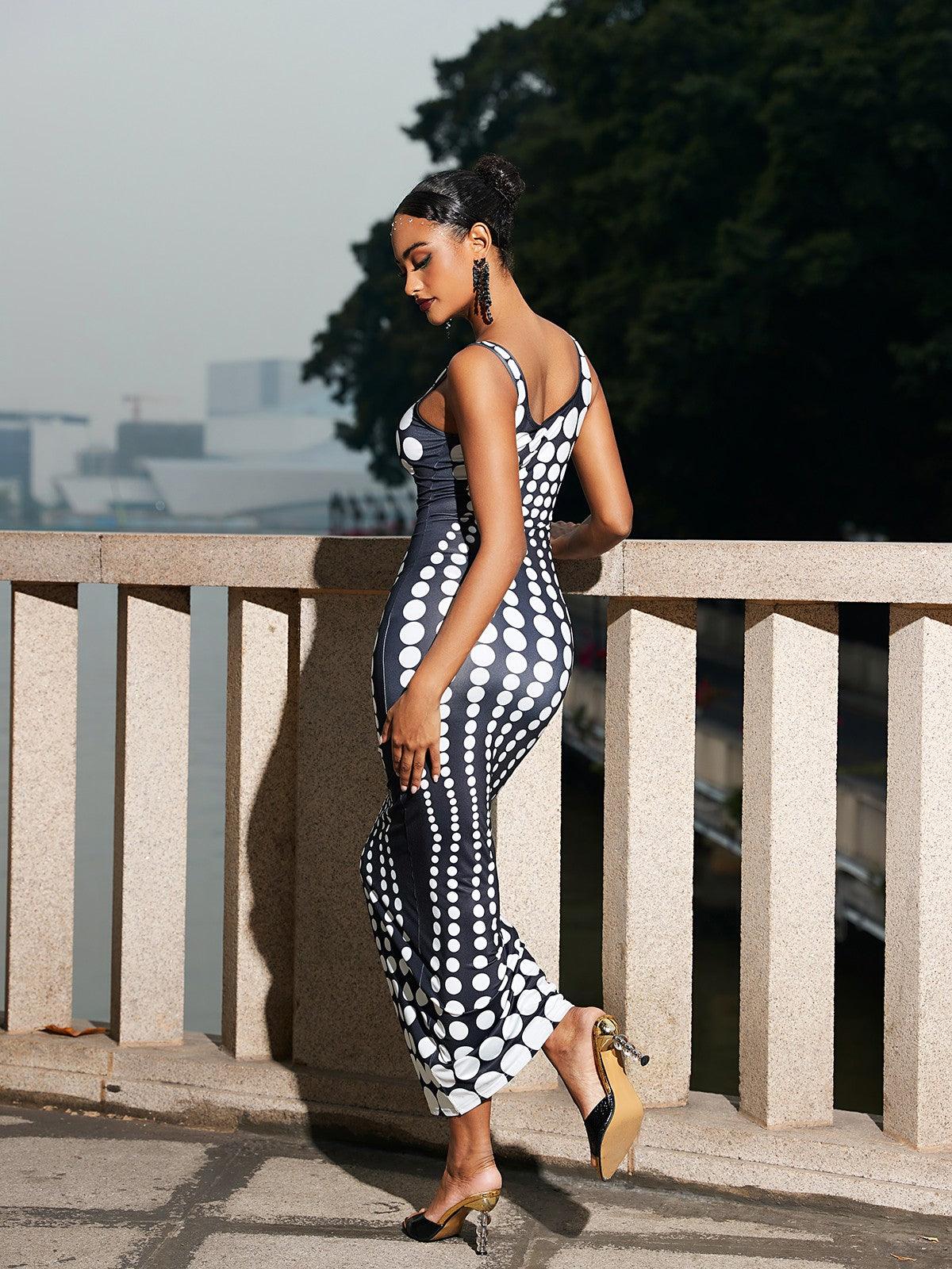 Square Neck Sleeveless Gradient Polka Dot Optical Illusion Bodycon Maxi Dress