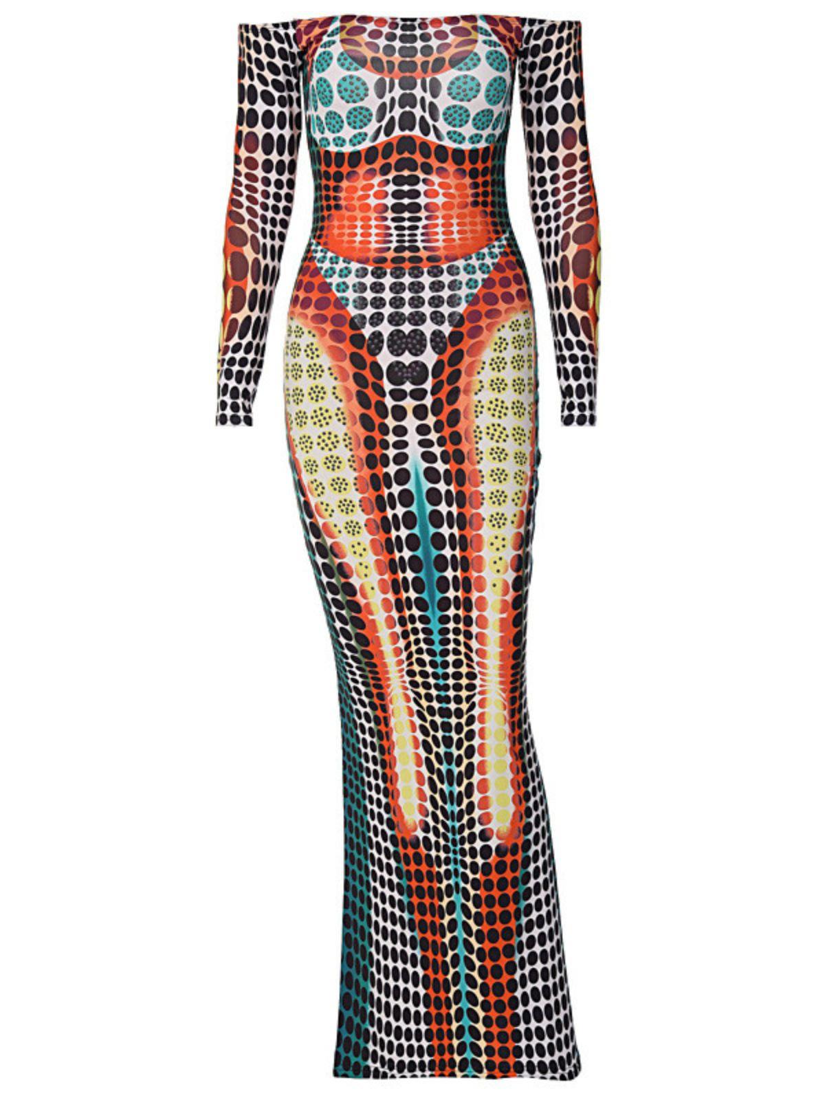 Off Shoulder Ruched Drape Tiered Print Maxi Dress