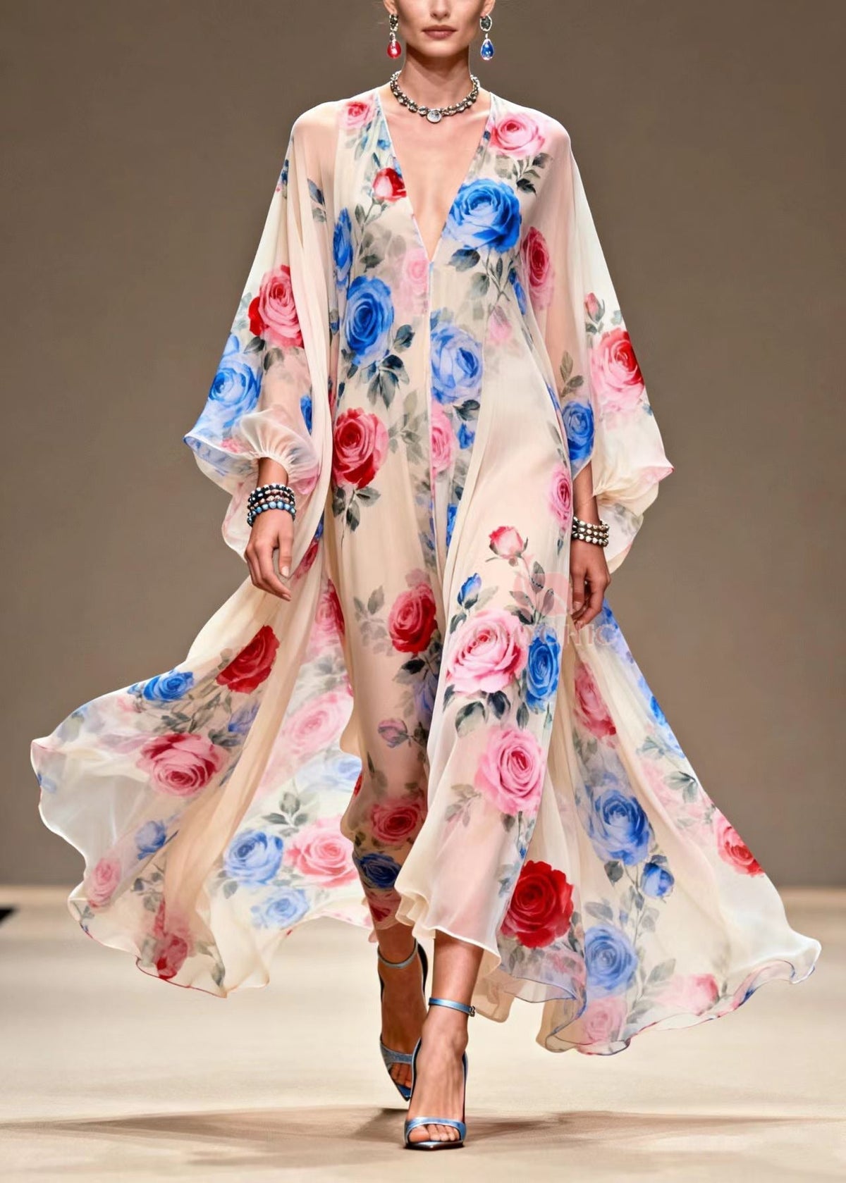 Floral Print Plunge V-Neck Balloon Sleeve Sheer Chiffon Maxi Dress