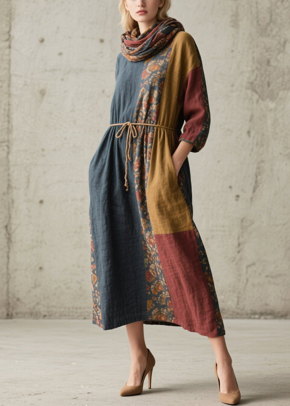 Drawstring Waist Floral Patchwork Linen Midi Dress with Matching Scarf