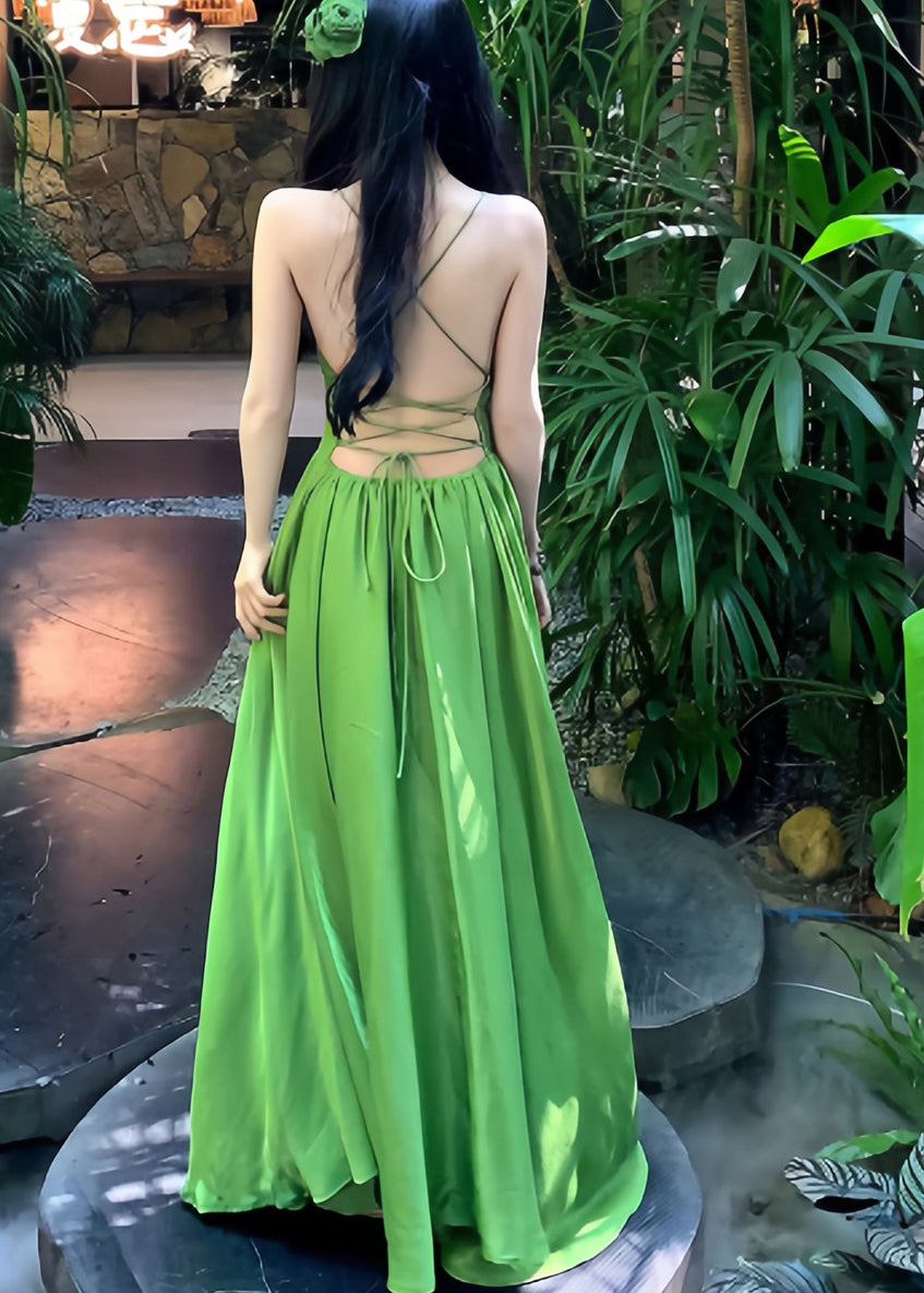 Crisscross Back Lace Up Spaghetti Strap Gathered Waist Satin Maxi Dress