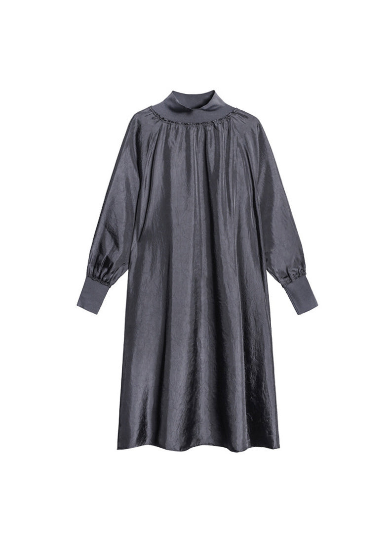 Mock Neck Balloon Sleeve Smocked Cuff Radiate Pleat Oversized Maxi Dress