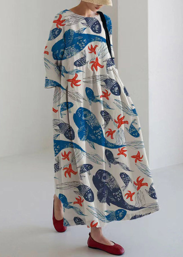 Round Neck Center Box Pleat Watercolor Floral Print Midi Dress