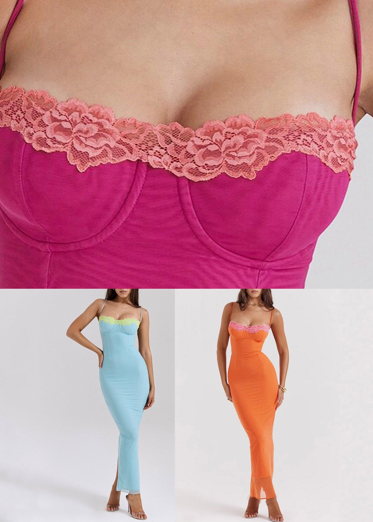 Spaghetti Strap Lace Trim Bustier Underwire Mesh Rib Maxi Dress