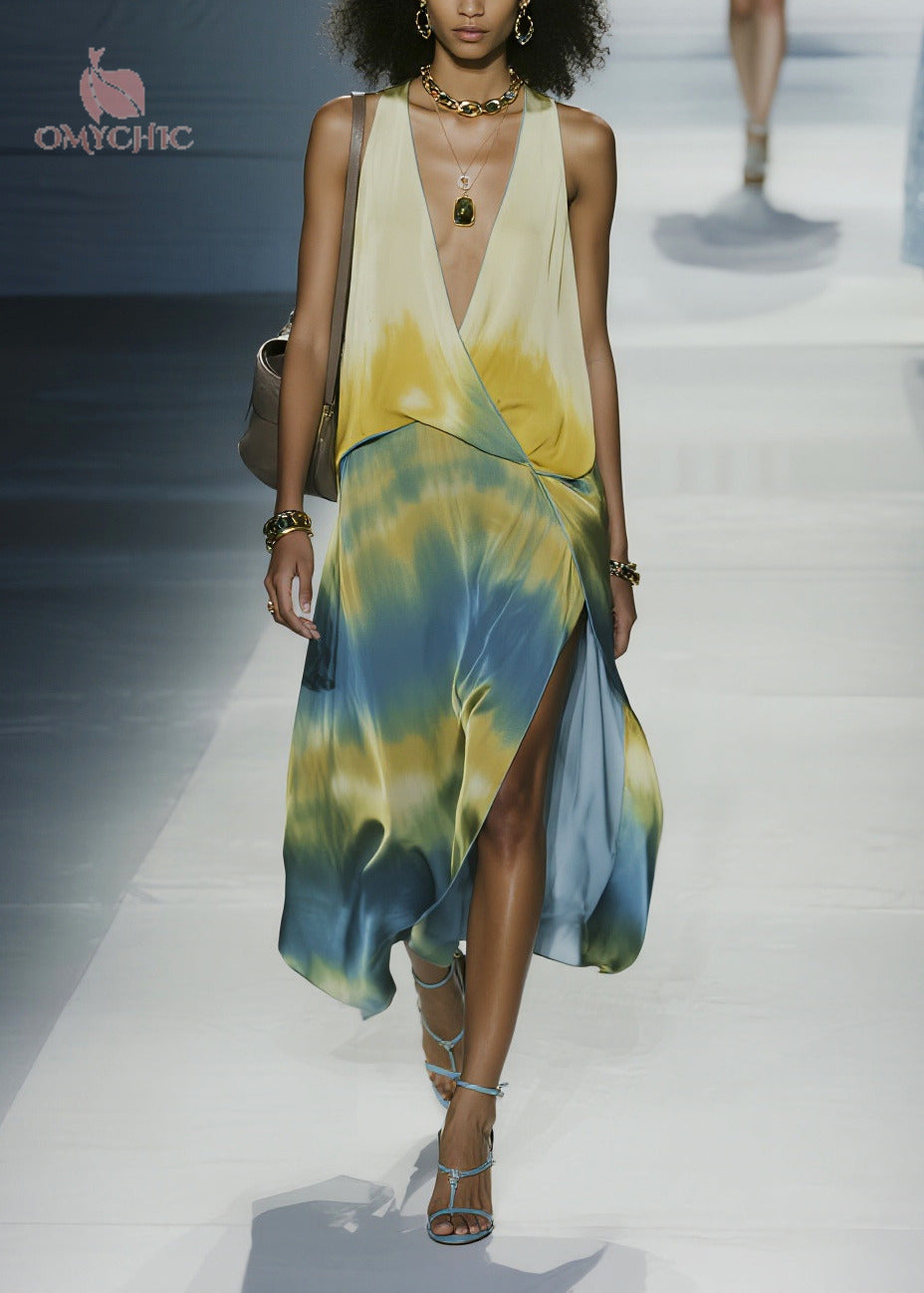 Sleeveless Plunging V-Neck Wrap Tie-Dye Chiffon High-Slit Maxi Dress
