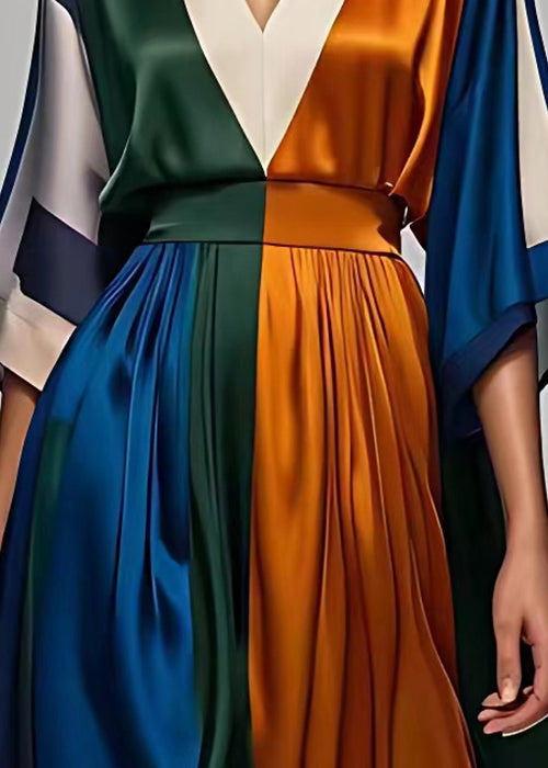 Plunging V-Neck Kimono Sleeve Colorblock Pleated Satin Maxi Dress