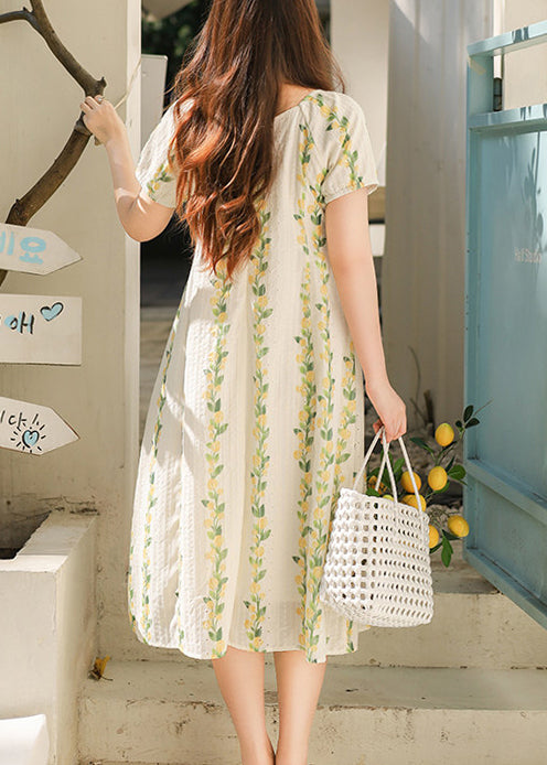 Square Neck Puff Sleeve Eyelet Stripe Floral Midi Dress