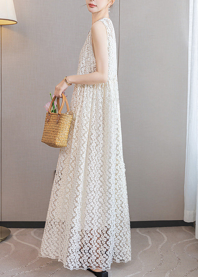 V-Neck Floral Lace Sleeveless Scalloped Hem Maxi Dress