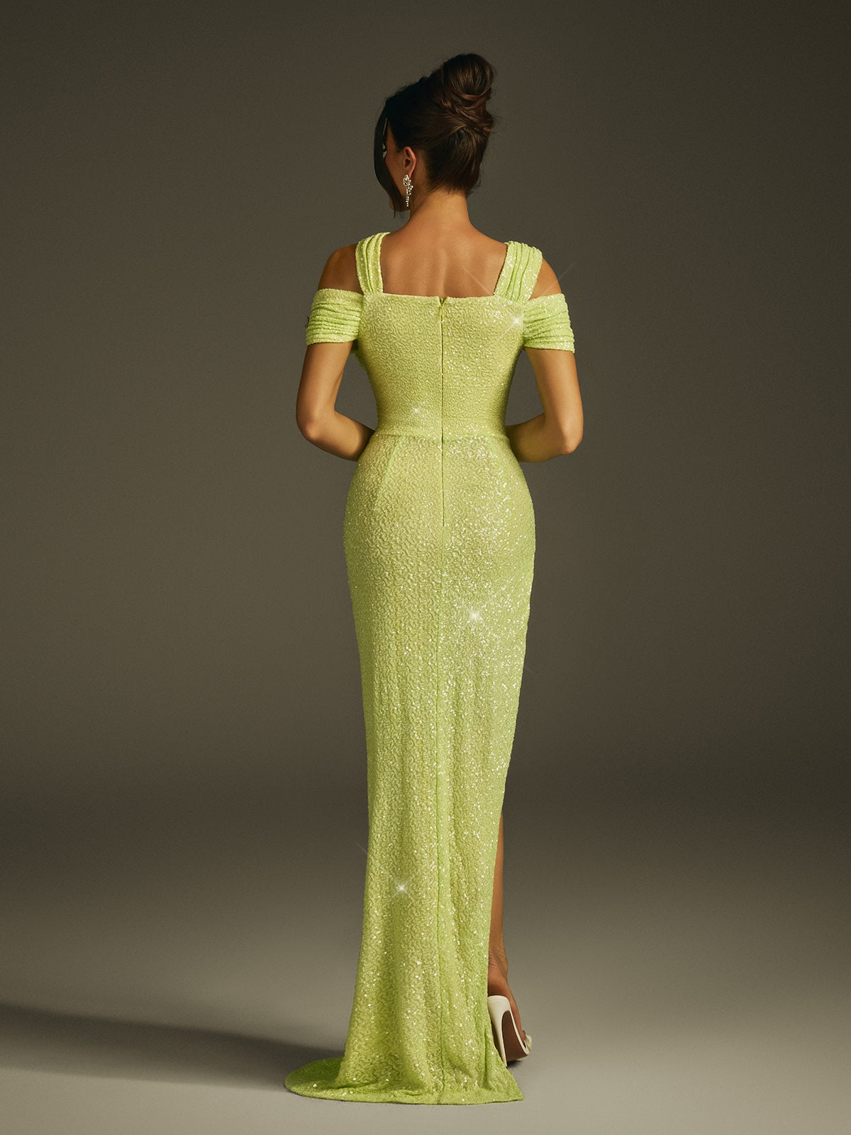 One Shoulder Sequin Crystal Bow Waist Cutout Slit Maxi Gown