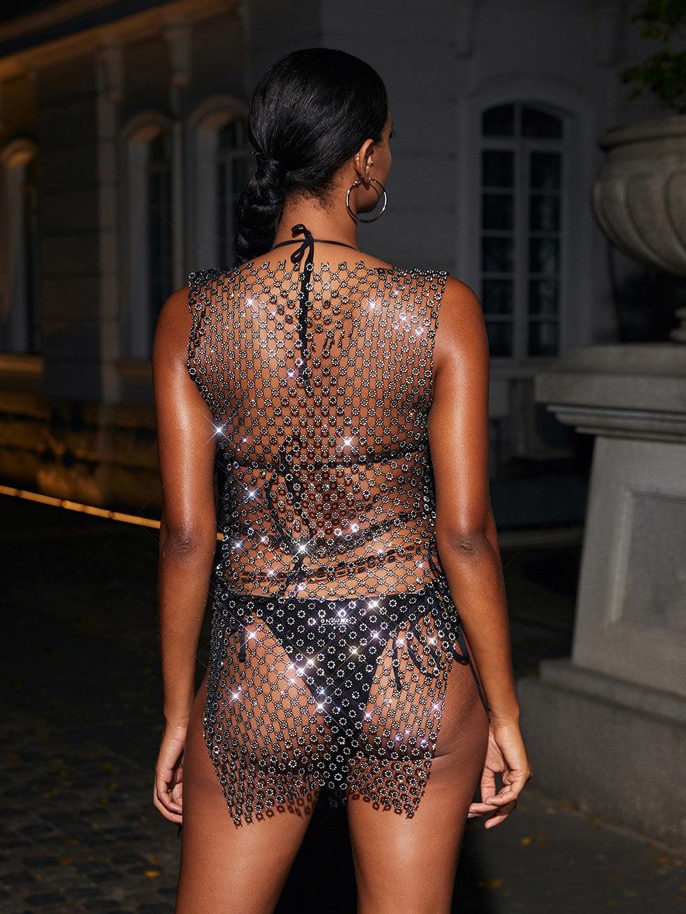Mock Neck Rhinestone Mesh Side Tie Bodycon Mini Dress