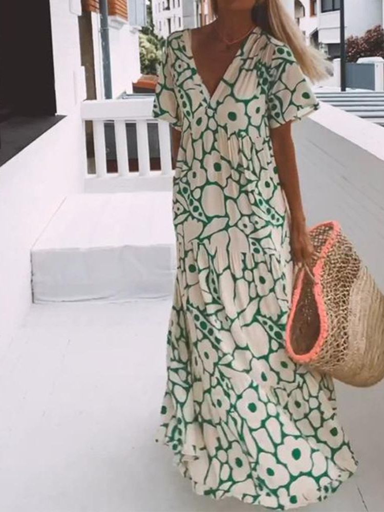 Deep V Neck Flutter Sleeve Tiered Botanical Print Maxi Dress