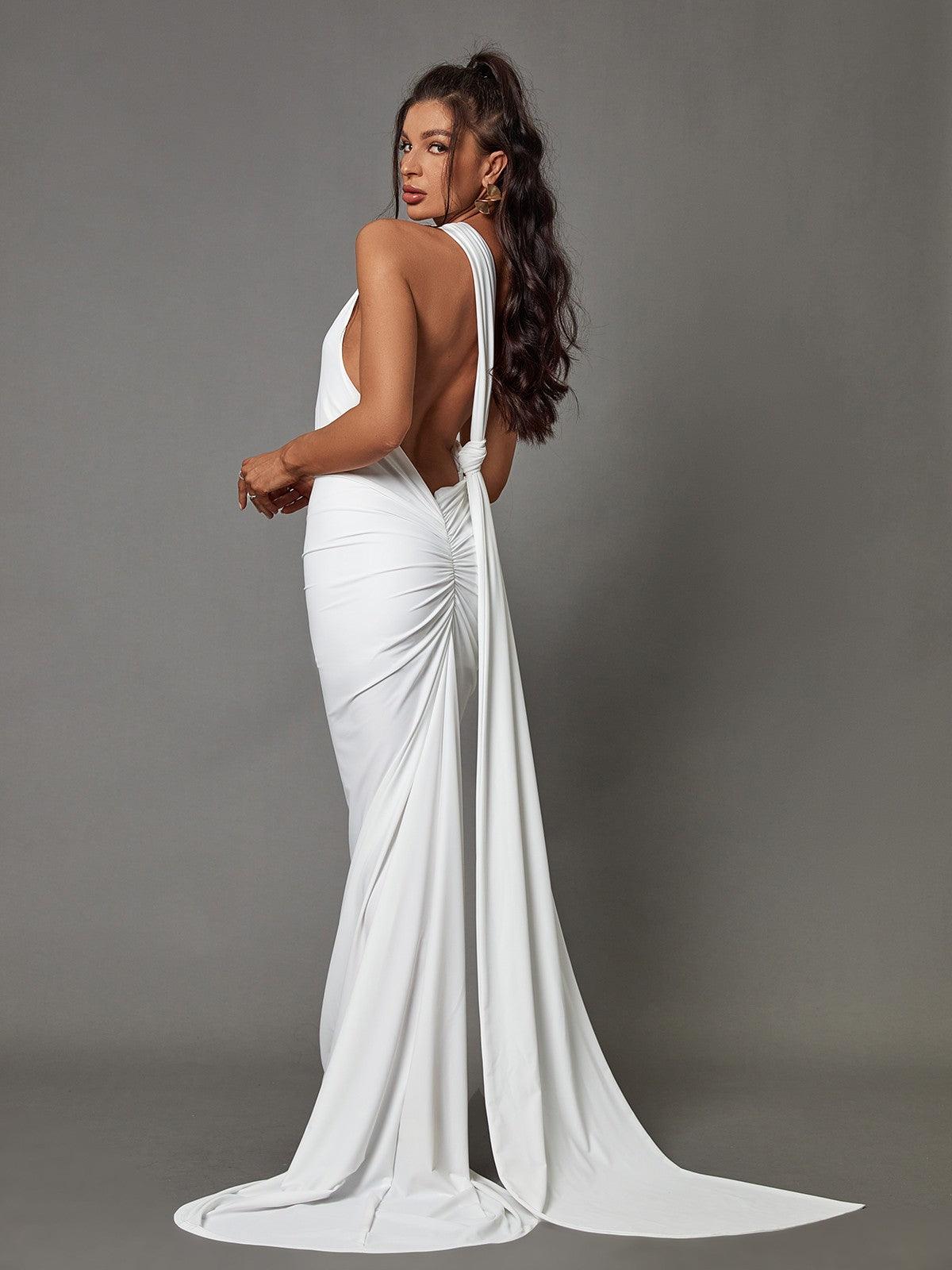 Halter Backless Draped Panel O-Ring Detail Ruched Column Maxi Dress